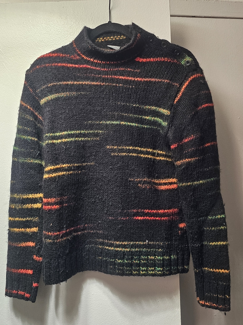 Armani Exchange 2008 Black Button Neck Sweater with Multicolor Stripes